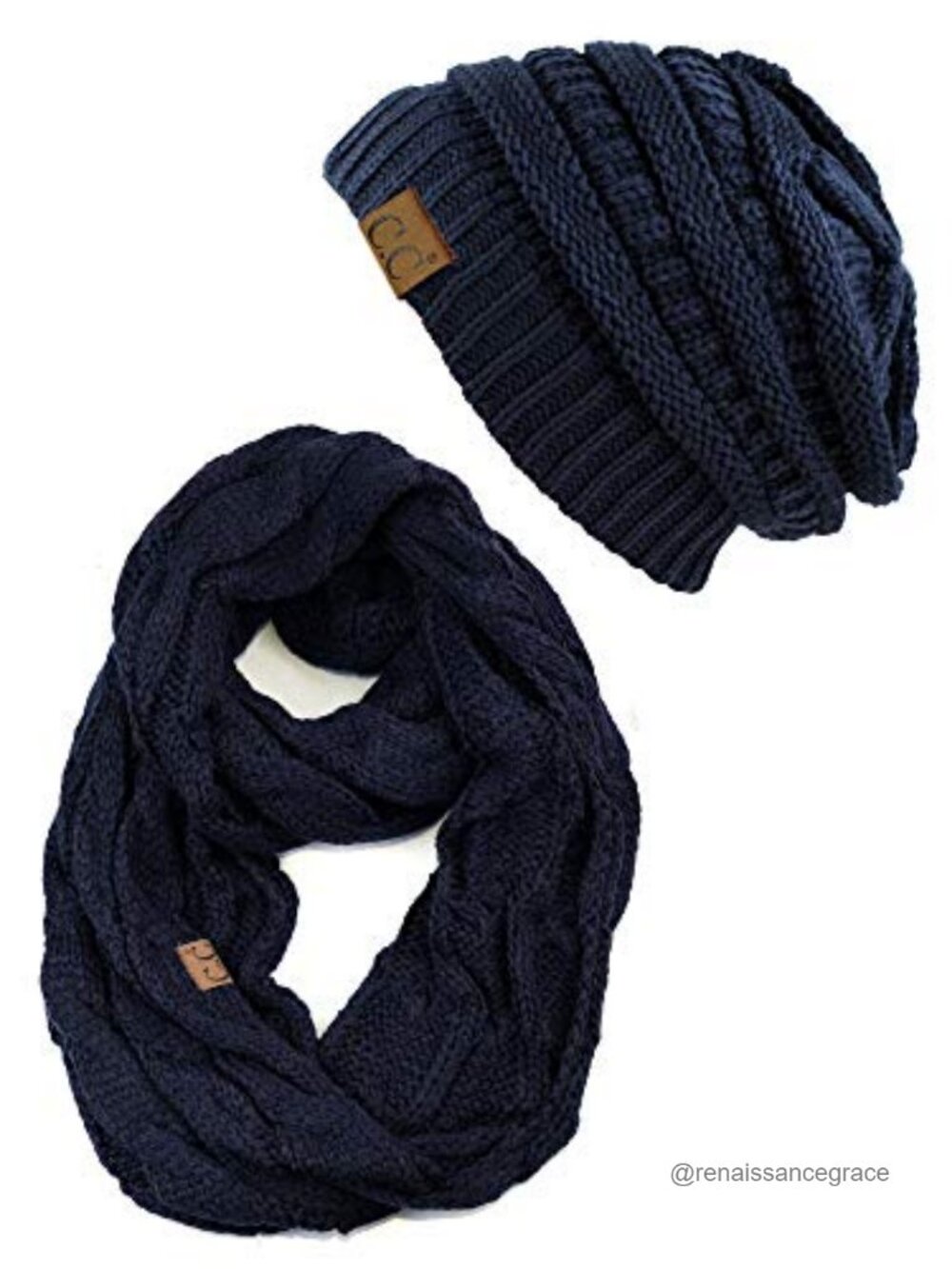 Soft Stretch Chunky Cable Knit Beanie and Infinity Loop Scarf Set